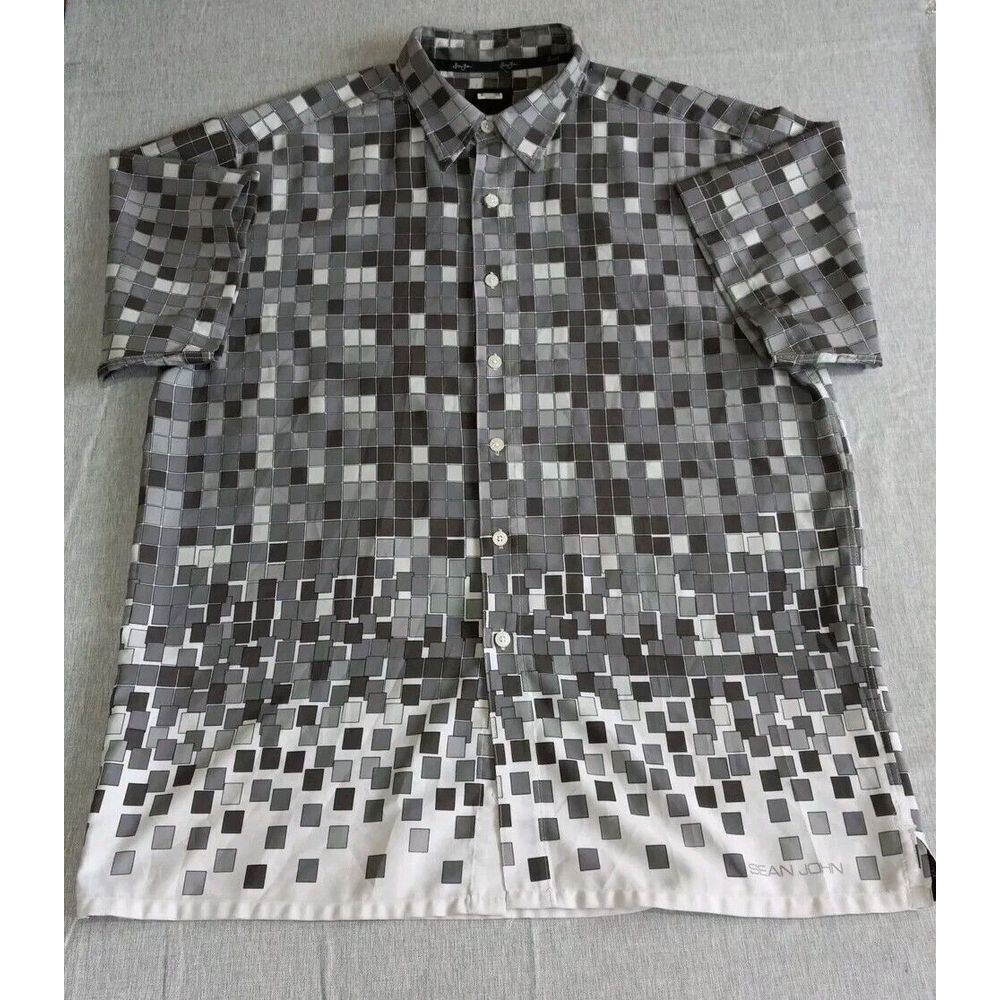 Sean John Men's Large Short Sleeve Buttons Color Block Polyester Gray Shirt
